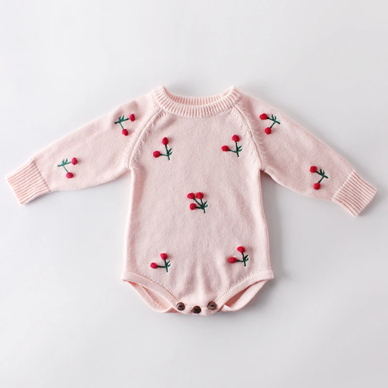 Tute per neonate neonate neonate pagliaccetto lavorato a maglia ricamo ciliegia bottone manica lunga primavera calda vestiti per bambini tute 3