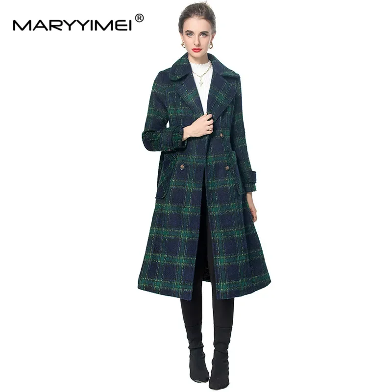 MARYYIMEI Cappotto scozzese elegante streetwear da donna Colletto rovesciato Tasca a maniche lunghe Cappotto doppiopetto autunno e inverno 3