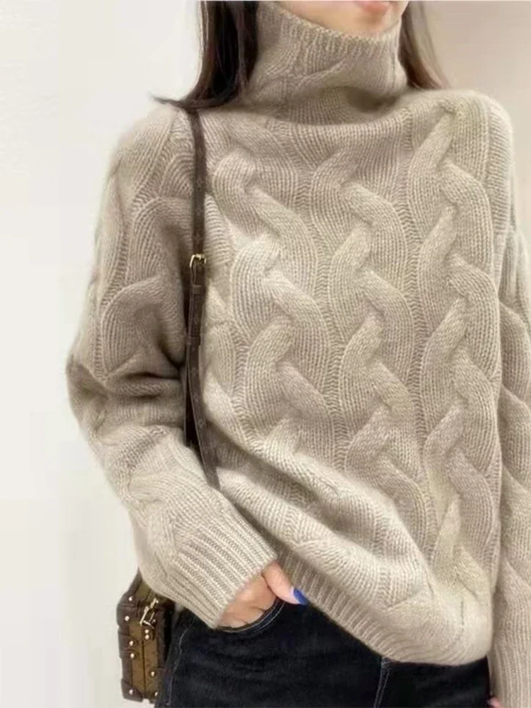 Maglione da donna in puro cashmere a collo alto, sciolto, spesso, con fondo intrecciato, stile europeo, maglieria calda invernale, 100% cashmere 2