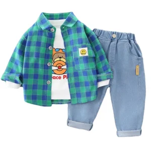 2025 Nuova Primavera Autunno Set di abbigliamento per bambini Ragazzo Moda Camicia a quadri per bambini + T-shirt da cartone animato + Jeans Abito da ragazzo in tre pezzi 0-5 anni 1