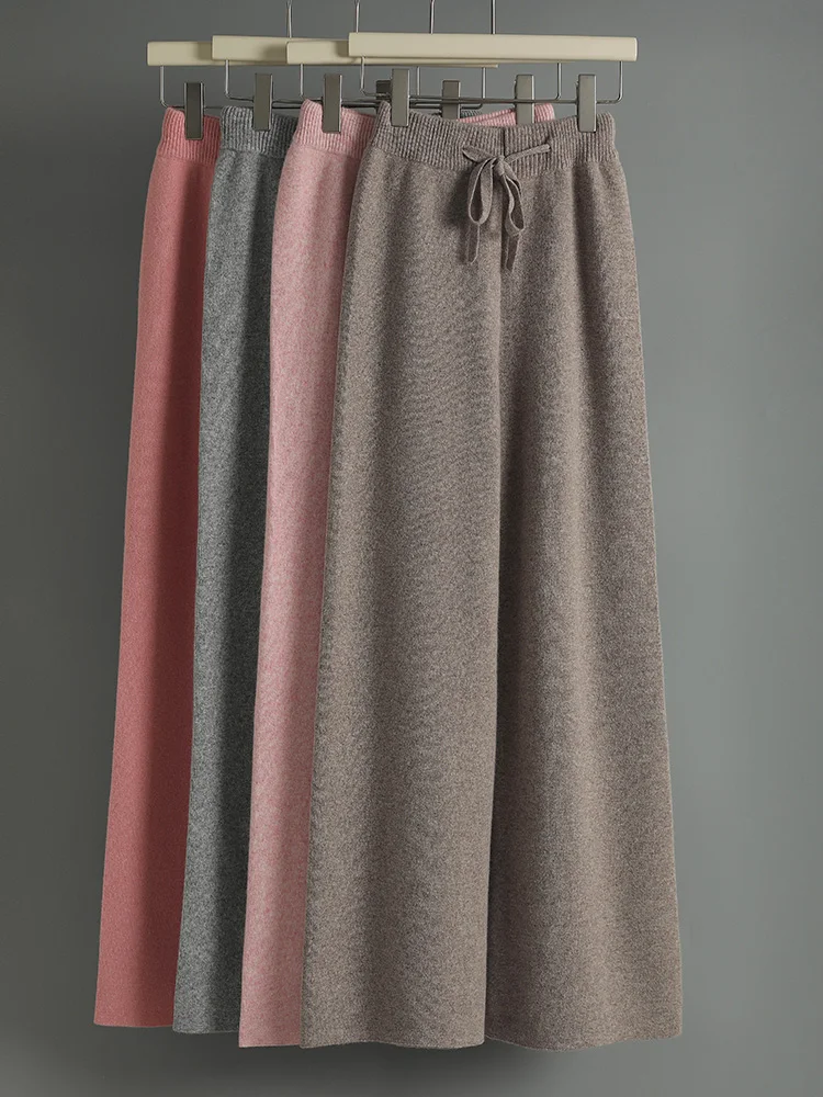 CHICUU Pantaloni da donna in cashmere Autunno Inverno Pantaloni a gamba larga Lunghezza intera 100% lana merino Maglieria Pantaloni semplici di base Coreano 1