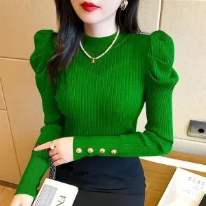 Women's Autumn/Winter 2024 New Half Polo/Turtle Neck Puff Sleeve Knit Base Layer Top Smooths Your Silhouette Sweater Explosion T 1