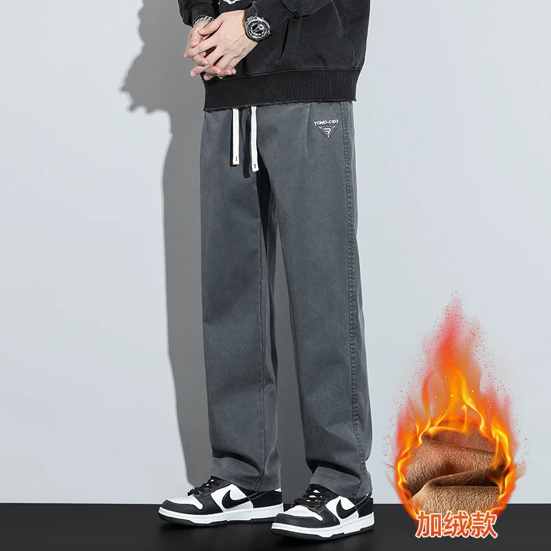 Pantaloni cargo da uomo a gamba larga con gamba dritta allentata foderata in pile Lyocell 2025 Pantaloni lunghi casual caldi autunno inverno Plus Size 5XL 4