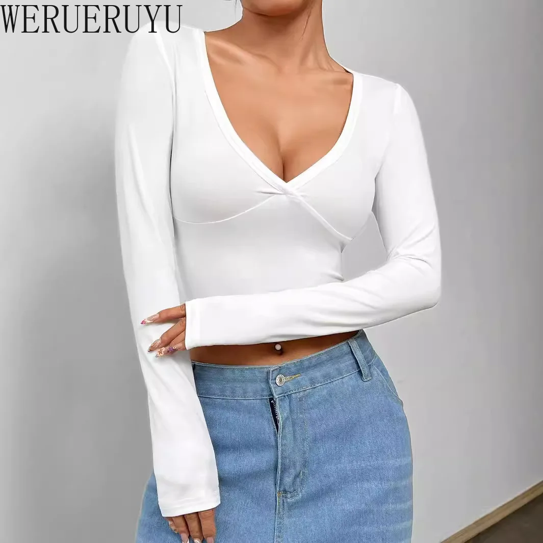 Autunno Inverno T-shirt con scollo a V Manica lunga da donna Crop Top sexy Y2k Vestiti Tinta unita Streetwear T-shirt corte per le donne 2025 4