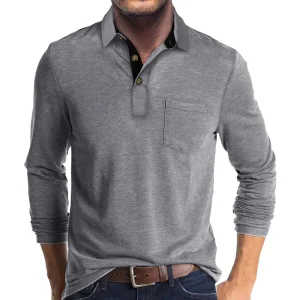 Maglietta casual a maniche lunghe da uomo di tendenza primaverile Solido risvolto con bottoni Pullover Top Polo autunnale con colletto rovesciato 1