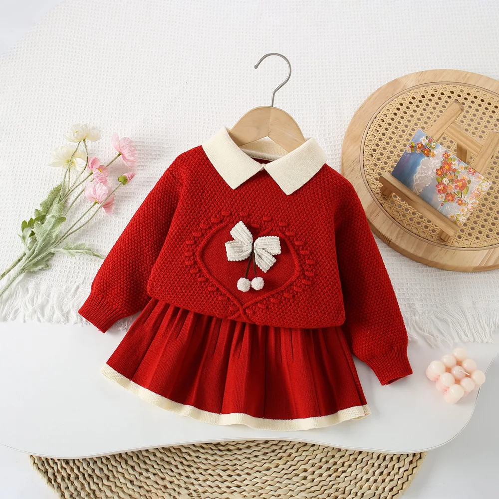MILANCEL Nuovo Autunno Bambini Maglione Set 9M-5T Cute Bow Ragazze Pullover lavorato a maglia + Gonne Versione coreana Bambini Autunno Maglia Outfit 3