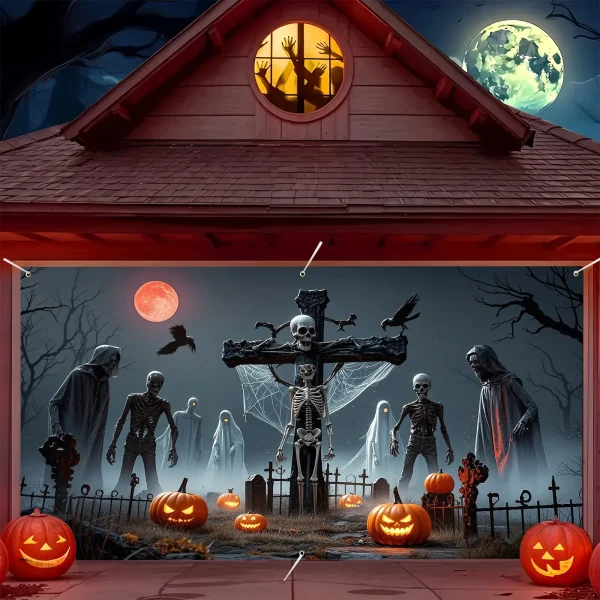 VIKAMA Bandiera da garage in poliestere a tema Halloween - Design con teschio horror, zucca, pipistrello e teschio, decorazione di Halloween 2