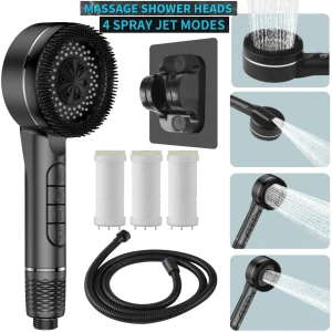 Nuovo soffione doccia a 4 modalità soffione doccia con massaggio ad alta pressione arresto acqua con un solo tasto con tubo flessibile e elemento filtrante accessori per il bagno 1