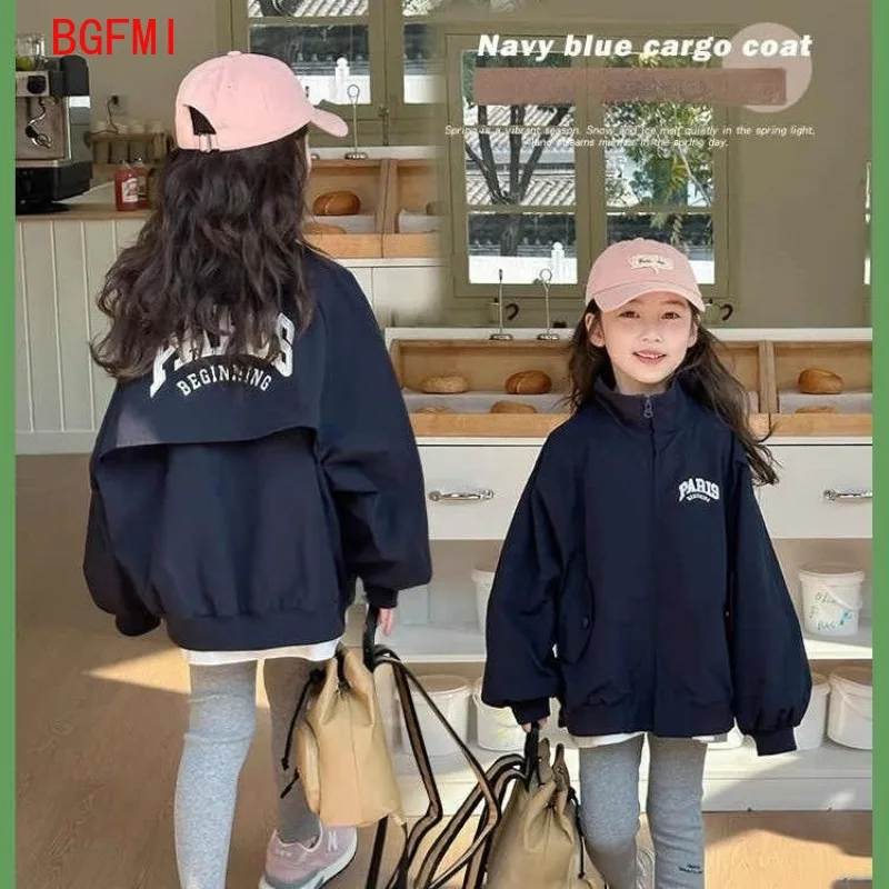 Moda da ragazza Primavera Autunno Cappotto blu scuro Giacca con stampa di lettere Abbigliamento casual per adolescenti 4-14 anni Giacca a vento per ragazze Top per bambini 1