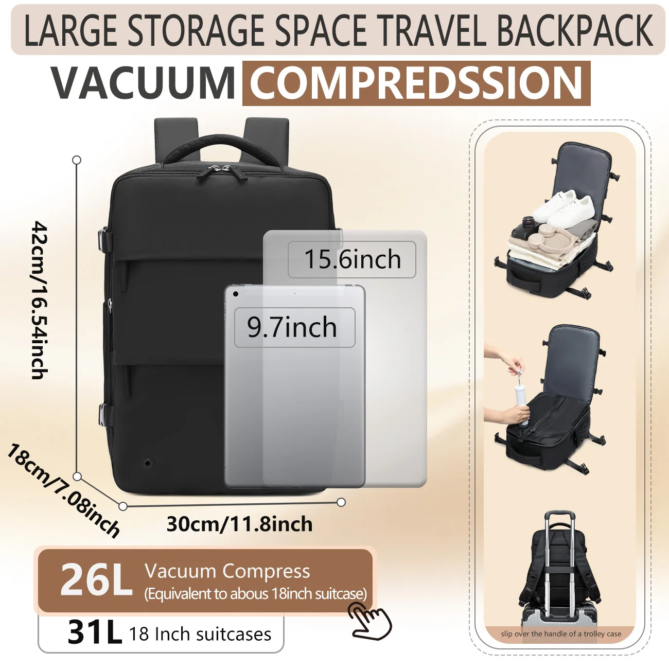 Zaino per college alla moda Zaino per compressione sottovuoto da uomo, Zaino per laptop da 15,6 pollici per donna e uomo Espandi Zaino da viaggio sottovuoto per escursionismo 5