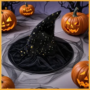 Cappello da strega per adulti di Halloween con corna curve, trama rugosa e decorazione in rete, realizzato in tessuto per costumi da strega e mago 1