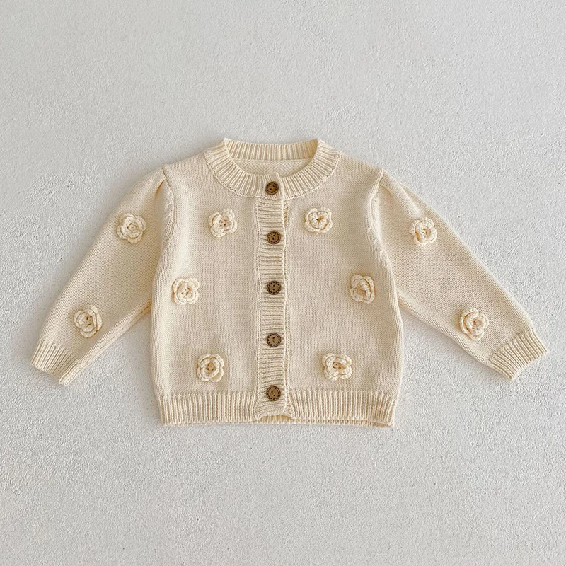 Autunno inverno bambino neonate maglione cappotto tinta unita fiore fatto a mano neonate maglieria Cardigan vestiti per bambini 6