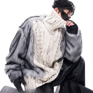 Maglieria da uomo autunno inverno 2024 velluto interno ispessito maglione lavorato a maglia a maniche lunghe con giunture in pelliccia maglioni pullover a collo alto 1