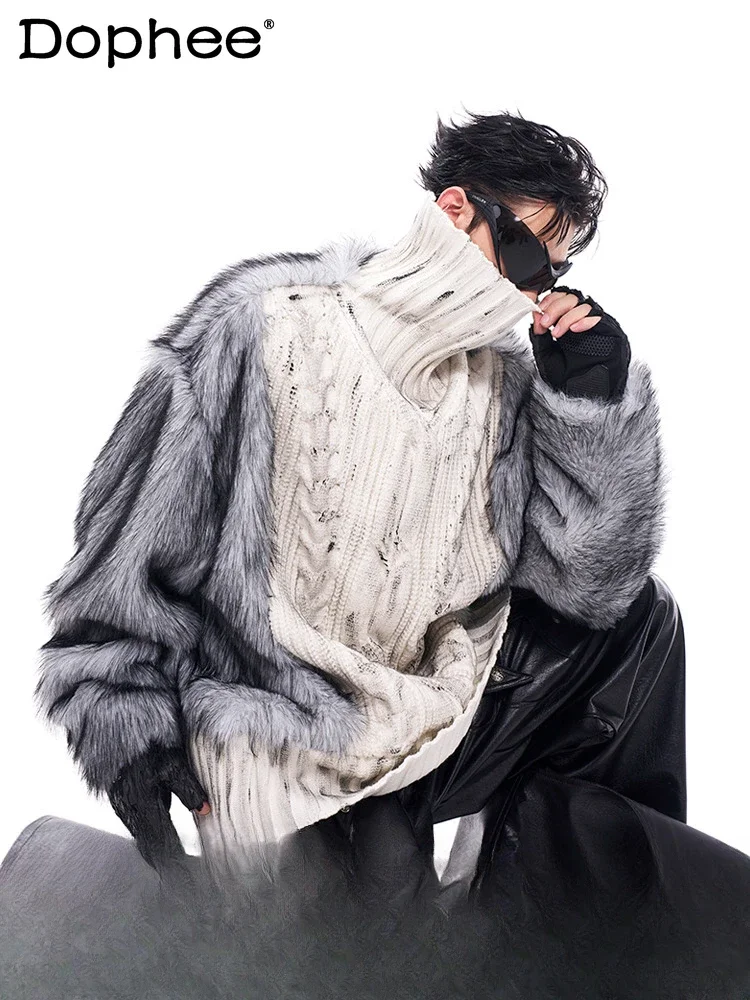 Maglieria da uomo autunno inverno 2024 velluto interno ispessito maglione lavorato a maglia a maniche lunghe con giunture in pelliccia maglioni pullover a collo alto 1