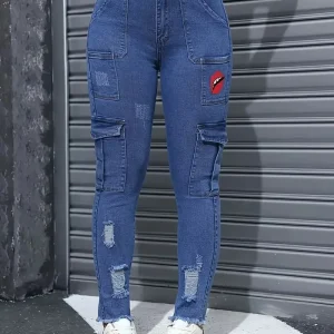 Jeans elastici blu da donna con vita e sollevamento dell'anca Tassa stretta Bordi pelosi Salopette sexy Pantaloni multitasche Stampa rossetto 1