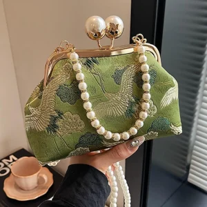 Borsa da sera cinese alla moda e con clip con stampa floreale a contrasto, semplice catena di perle, elegante borsa a tracolla 1