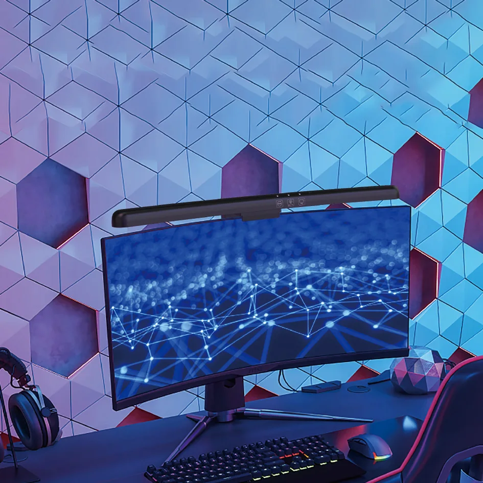 Schermi informatici multipli, luci sospese eleganti, lampadari curvi moderni, colori vivaci e luci RGB regolabili. 3