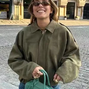 Giubbotti bomber oversize verdi da donna vintage 2025 Giacca da donna alla moda elegante e morbida per abiti chic femminili da festa 1
