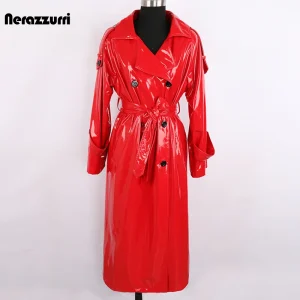 Trench Nerazzurri autunno lungo rosso impermeabile lucido riflettente in pelle verniciata per donna doppio petto Plus Size moda 1