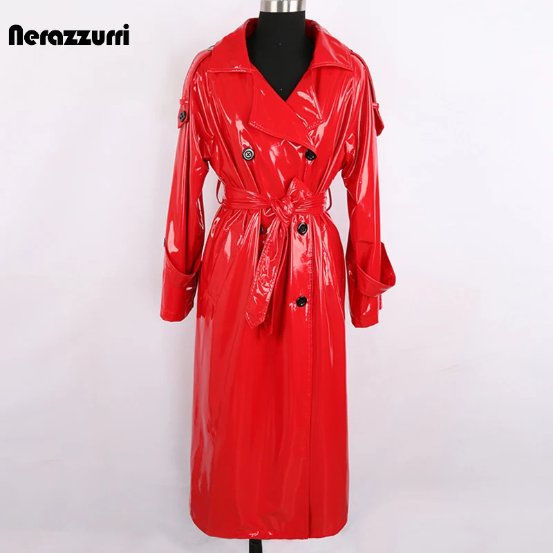 Trench Nerazzurri autunno lungo rosso impermeabile lucido riflettente in pelle verniciata per donna doppio petto Plus Size moda 1