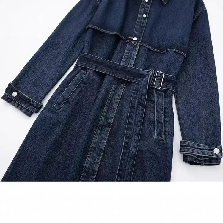 Elegante cappotto lungo stile denim con cintura Cappotto stile business casual da donna transfrontaliero 4