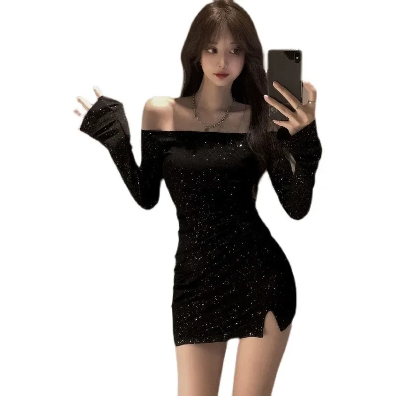 Abito monospalla a maniche lunghe impreziosito da diamanti neri Minigonna slim fit da donna Abito corto sexy Moda primavera autunno 5