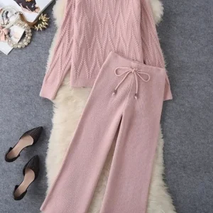 Autunno Inverno lavorato a maglia set da 2 pezzi mezzo dolcevita morbido maglione outfit casual pantaloni a gamba larga abiti coreano solido caldo tuta nuovo 1