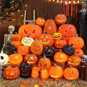 Set di lanterne di zucca di Halloween Lampada di zucca illuminata Luce a LED Arancione Decorazione di Halloween per la porta d'ingresso del portico Forniture per feste 1
