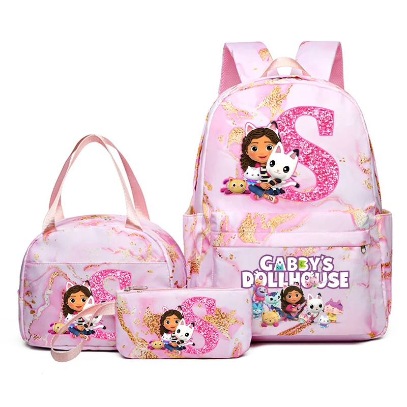 3 pezzi Gabby Dollhouses Zaino per bambini Astuccio per matite Borsa da scuola per lettere di cartoni animati Kawaii Zaino per ragazze di grande capacità Regali di compleanno 5