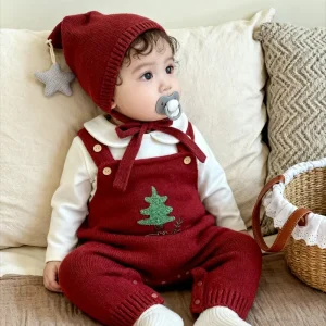 New Fashion Christmas Tree Strap Body Baby Doppia fibbia Vino rosso cinturino lavorato a maglia Tuta per ragazza e ragazzi Pagliaccetti di lana caldi 1