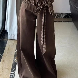 Jeans patchwork con fiocco vintage donna streetwear pantaloni in denim scozzesi larghi a vita alta Y2K pantaloni a gamba larga con cerniera coreana retrò nuovo 1