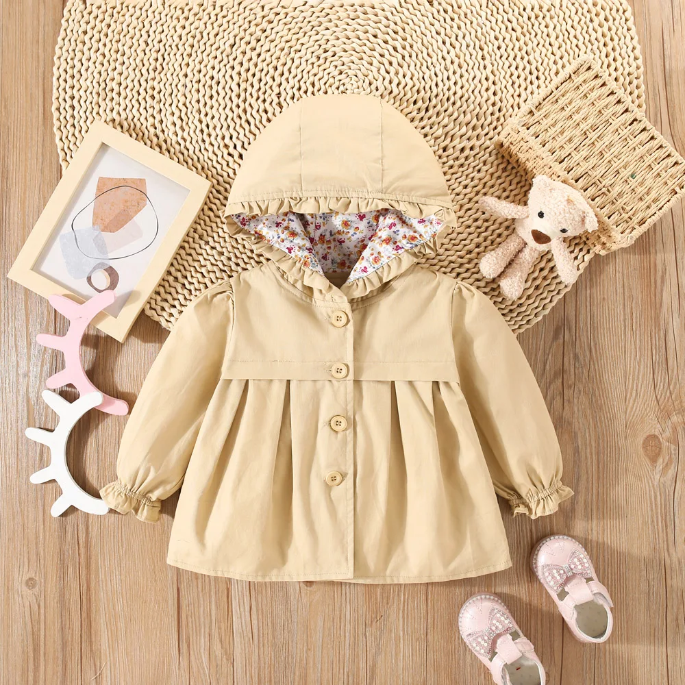 Cappotto primaverile e autunnale per bambina solido con cappuccio bella giacca per bambini antivento sciolto e carino abbigliamento a maniche lunghe 1