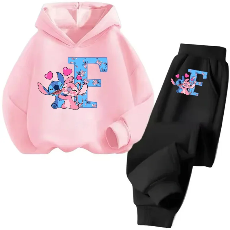 Autunno Inverno Stitch Disney Manica lunga Ragazzi Ragazze Set per bambini Moda casual Cartoon Lettera Felpe con cappuccio Set Pantalone Tute 6