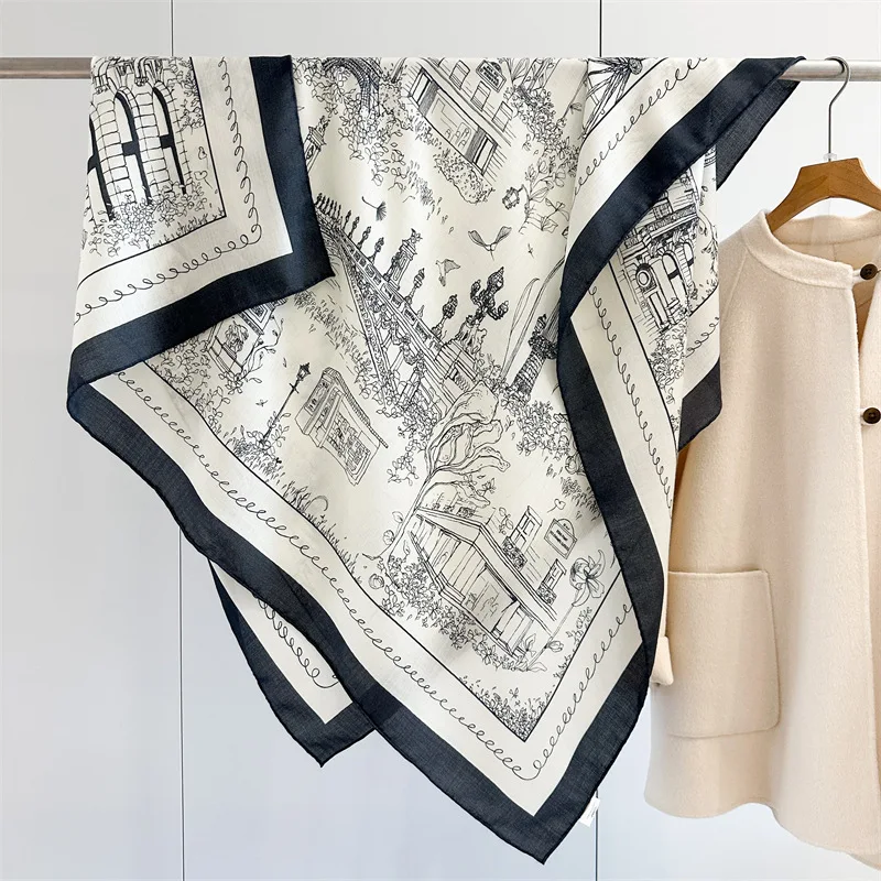 2025 Sciarpe di lana invernali da donna avvolge grande quadrato elegante scialle di lana mantello nero bianco stampato 130x130 cm 5