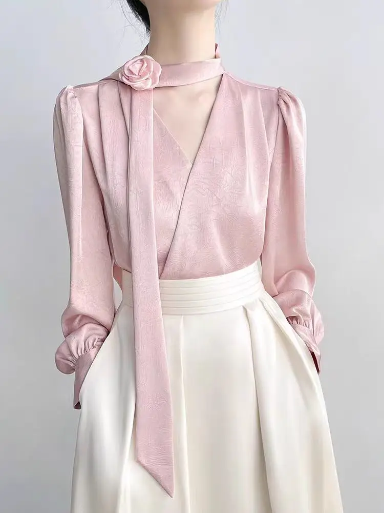2025 Nuovi vestiti da donna Eleganza francese Camicetta a maniche lunghe con fiocco rosa Donna Chic Primavera/Autunno Top in raso Abbigliamento di alta qualità 5