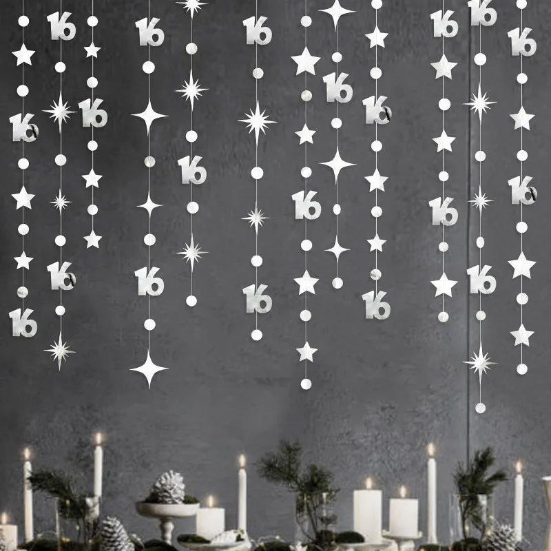 Argento numero 16 Circle Dots Twinkle Star Garland Banner decorazioni sullo sfondo per ragazze ragazzi 16th Birthday Anniversary Party 3