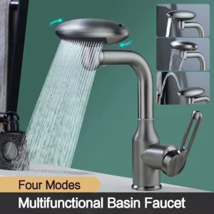 Rubinetto per lavabo a cascata multifunzionale 4 modalità Spruzzatore a flusso 360 °   Rubinetto per lavaggio miscelatore lavello acqua calda fredda con rotazione per bagno 1