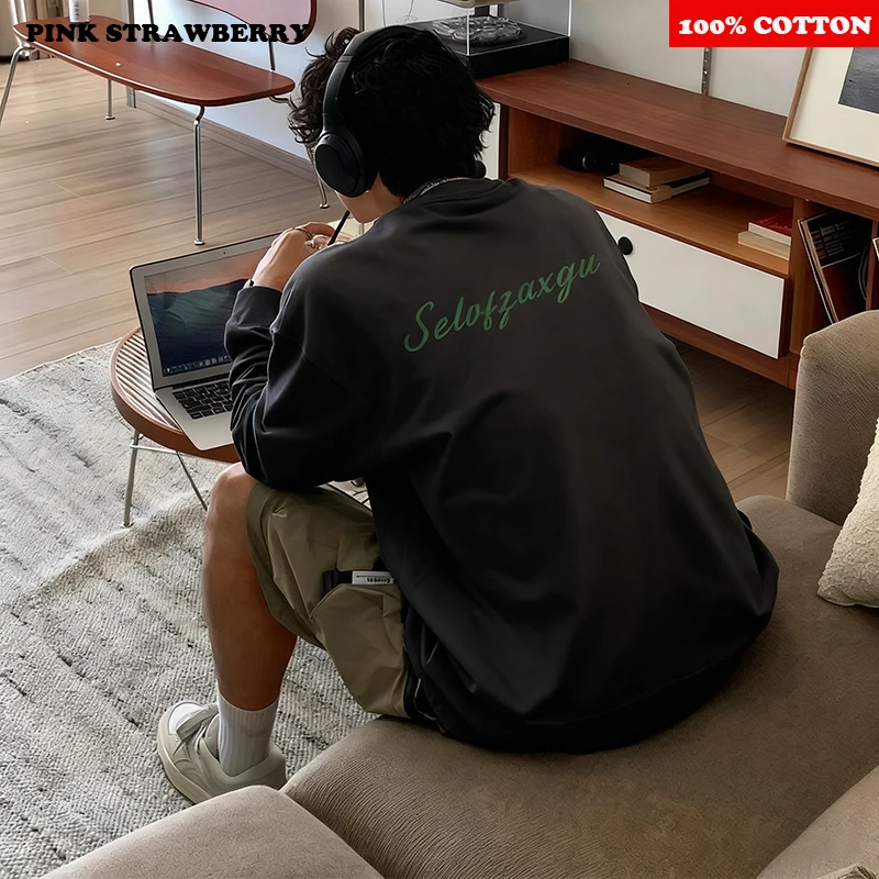 American Letter T-shirt bianca da uomo Autunno Inverno 2025 Nuovo 100% cotone maniche lunghe Sport Gym T-shirt Allentato Y2k Top abbigliamento uomo 5