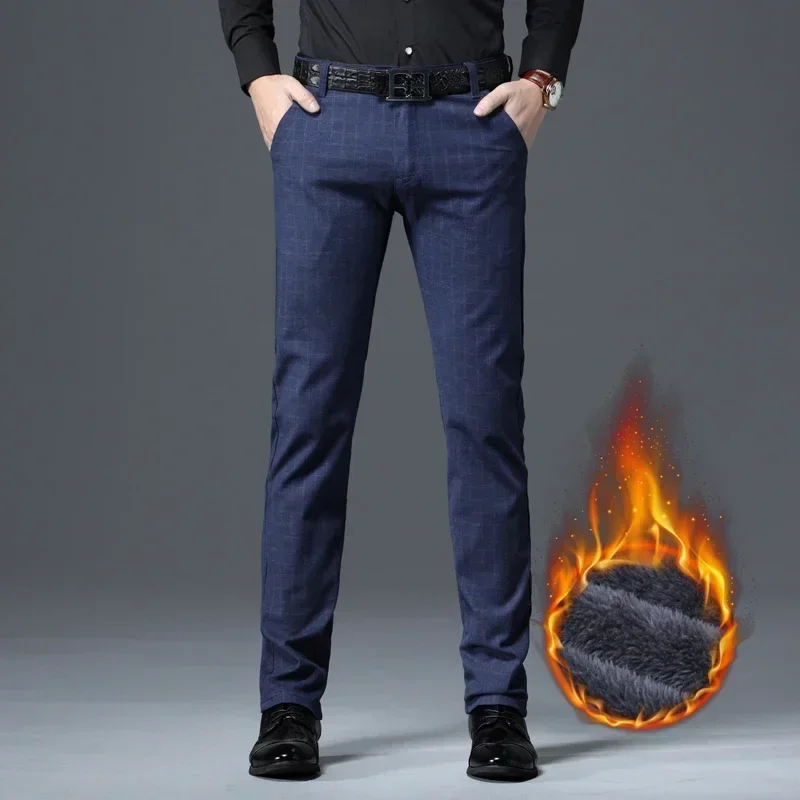 Pantaloni in pile da uomo invernali nuovi pantaloni da lavoro casual alla moda scozzesi elasticizzati dritti più spessi abbigliamento di marca maschile blu nero 5