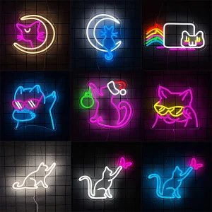 Insegna al neon con gatti fantastici con occhiali per decorazioni da parete, insegna al neon a LED USB Moon Cat per la decorazione della festa di compleanno della stanza preppy 1