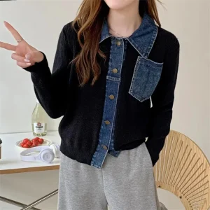 2025 Nuovo collo a polo cuciture in denim maglione da donna autunno inverno moda splicing maglione femminile giacca corta da donna stile retrò 1