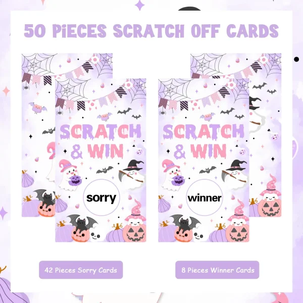 1 set da 50 confezioni di carte da grattare per Halloween rosa viola biglietti da gioco per feste lotteria premio rifa con carino 2