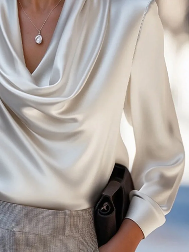 Bonboho Heaps Colletto a maniche lunghe Camicetta da donna Tinta unita Vestibilità ampia T-shirt elegante 2025 Top da pendolare alla moda per donna 3