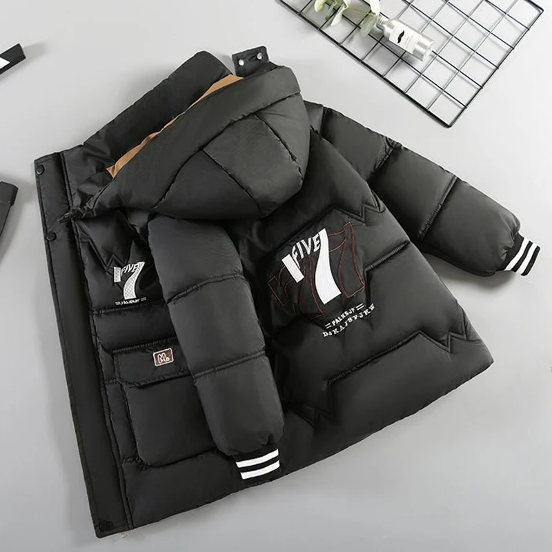 -30 ℃ 2025 Giacca invernale per ragazzi adolescenti Peluche spessa Prevenzione del freddo Stampa di lettere Con cappuccio Giubbotti da esterno in cotone per 6-14 anni 3