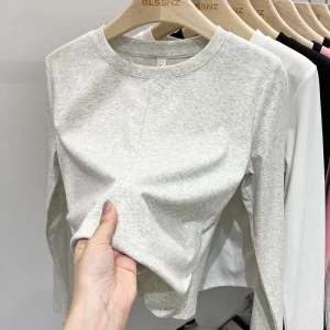 Donna Autumnr Inverno Casual Splice Top T-shirt Donna Slim Versatile Cotone Tees 2025 Basic Solid Manica lunga O Collo T Shirt 1