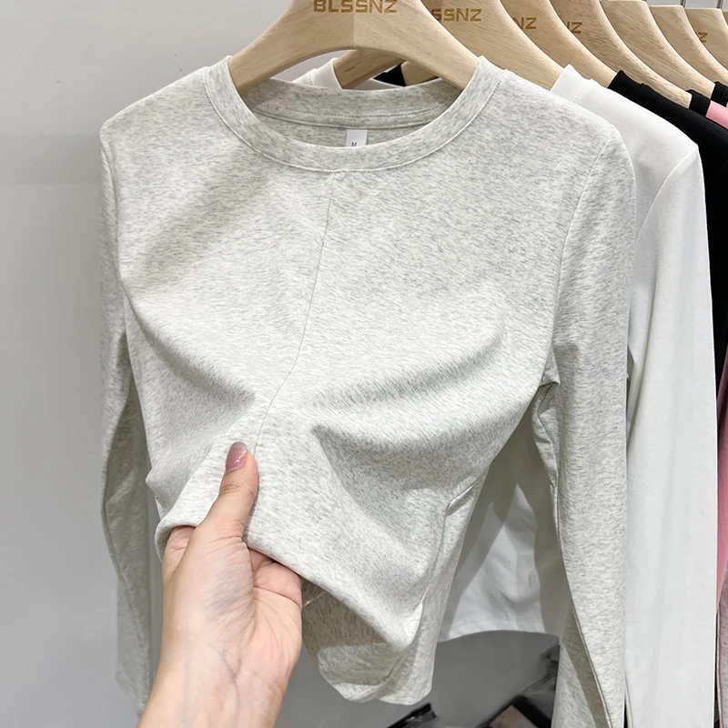 Donna Autumnr Inverno Casual Splice Top T-shirt Donna Slim Versatile Cotone Tees 2025 Basic Solid Manica lunga O Collo T Shirt 1