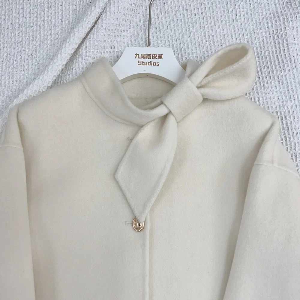 Cappotto di lana donna 2024 nuovo inverno naturale pelliccia di volpe polsino Outwear cappotto femminile Cashmere lana lana donna giacca di lusso 3