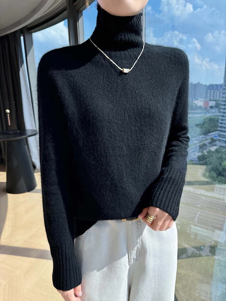 Autunno Inverno Maglione Donna Pullover 100% Lana Merino Maglione Collo Alto Vestiti Maglia Calda All'interno Unisciti Scava Fuori Maniche Raglan 6