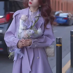 Cappotto a vento viola primaverile e autunnale da donna nuovo Trench coreano Versatile capispalla doppiopetto di media lunghezza femminile 1