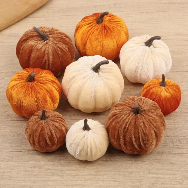9 pezzi di zucche artificiali in velluto 3 dimensioni miste per la festa di Halloween, il Ringraziamento, la decorazione della tavola di casa, autunno, ghirlanda artigianale fai da te 1